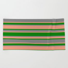 [ Thumbnail: Grey, Dark Salmon & Green Colored Lines Pattern Beach Towel ]