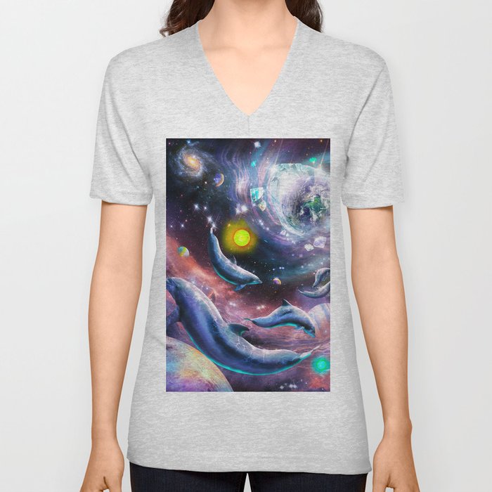 Galaxy Dolphin Dolphins In Space Earth Crystal V Neck T Shirt