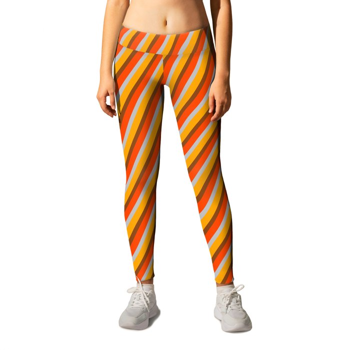 Brown, Red, Grey, and Orange Colored Striped Pattern Leggings