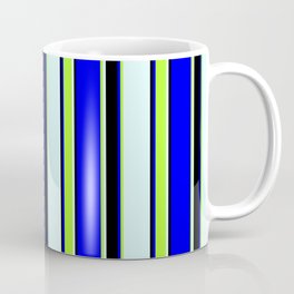 [ Thumbnail: Blue, Light Green, Light Cyan & Black Colored Striped/Lined Pattern Coffee Mug ]