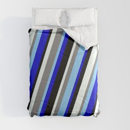 [ Thumbnail: Vibrant Gray, Light Sky Blue, Blue, Black, and Mint Cream Colored Lines Pattern Comforter ]