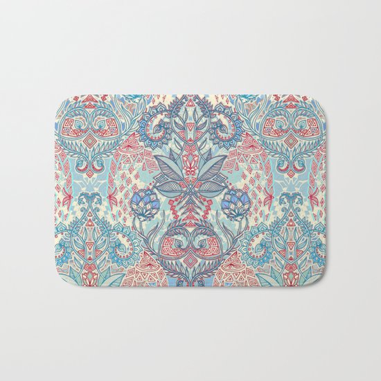 Botanical Geometry - nature pattern in red, blue & cream Bath Mat