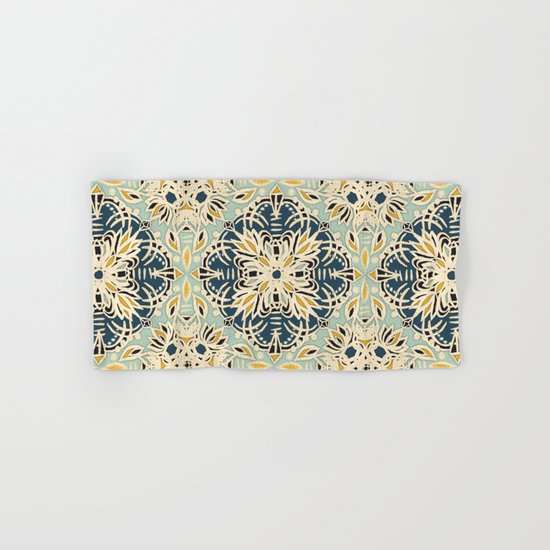 Protea Pattern in Deep Teal, Cream, Sage Green & Yellow Ochre Hand & Bath Towel
