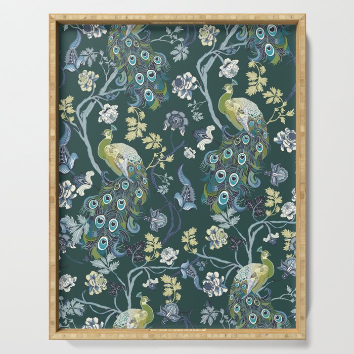 Chinoiserie Teal Peacocks Chintz, birds, botanicals Serving Tray