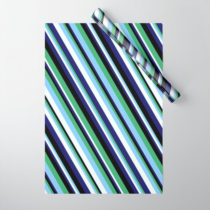 Eye-catching Sea Green, Light Sky Blue, Mint Cream, Midnight Blue, and Black Colored Lined Pattern Wrapping Paper