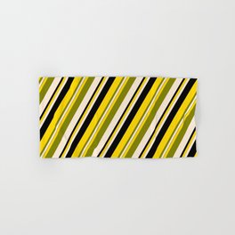 [ Thumbnail: Yellow, Green, Beige, and Black Colored Lines/Stripes Pattern Hand & Bath Towel ]