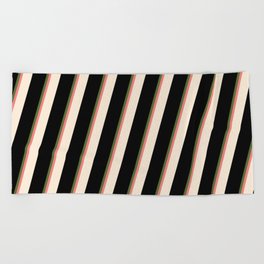 [ Thumbnail: Dark Olive Green, Light Coral, Beige, and Black Colored Striped/Lined Pattern Beach Towel ]