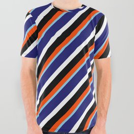 [ Thumbnail: Red, Sky Blue, Midnight Blue, White, and Black Colored Lines/Stripes Pattern All Over Graphic Tee ]