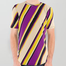 [ Thumbnail: Purple, Yellow, Bisque, and Black Colored Pattern of Stripes All Over Graphic Tee ]