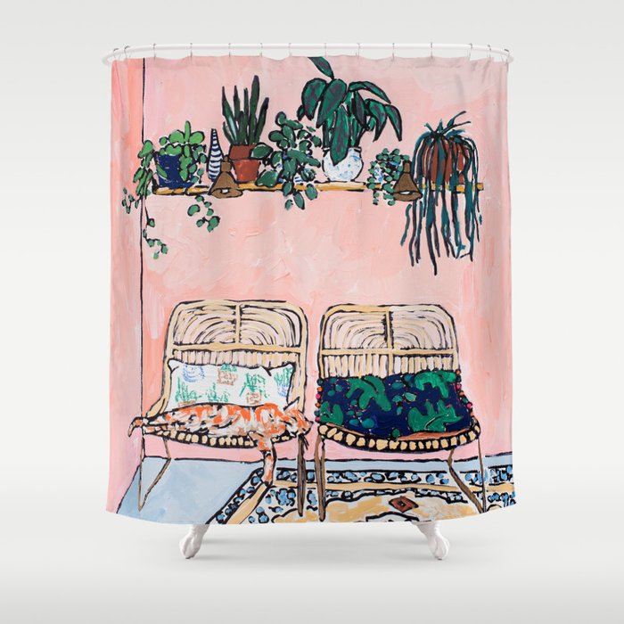 Two Chairs and a Napping Ginger Cat Shower Curtain