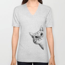 sneaky cat V Neck T Shirt | Curated, Digital, Popart, Peeking, Corner, Cat, Animal, Design, Sneaky, Black and White 