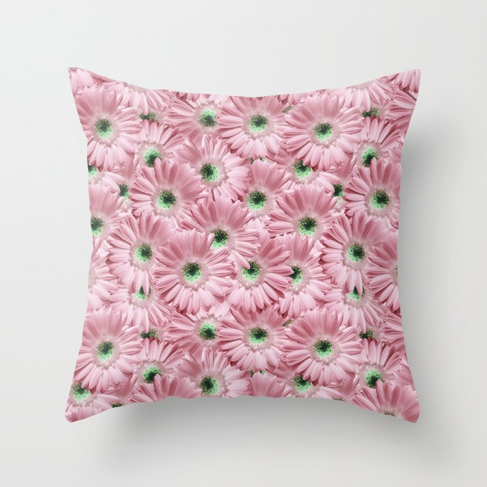 Pink and Green Gerbera Daisies Flower Oil Painted Floral Throw Pillow