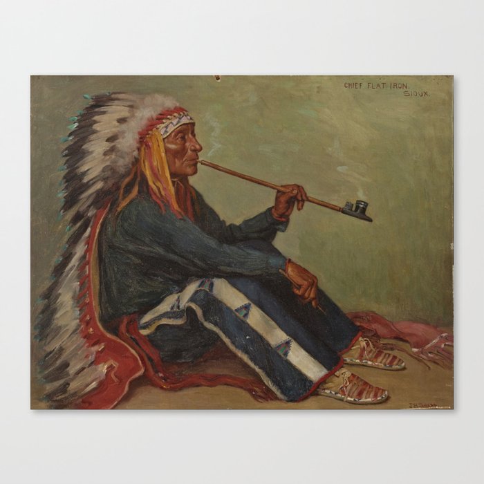 Full portrait of Chief Flat Iron smoking peace pipe Sioux First Nations American Indian portrait painting by Joseph Henry Sharp Canvas Print