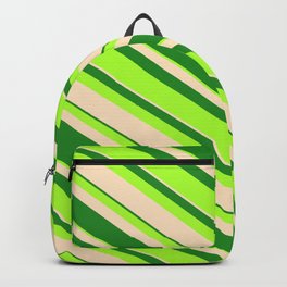 [ Thumbnail: Forest Green, Light Green, and Bisque Colored Striped/Lined Pattern Backpack ]