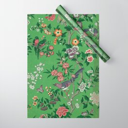 Chinoiserie Magpie Botanical Garden Bright Green Wrapping Paper