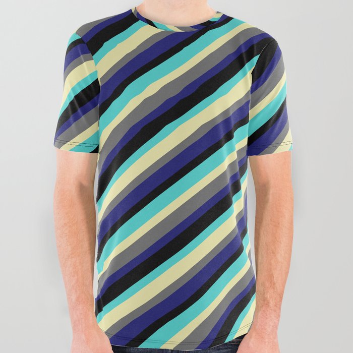 Eyecatching Turquoise, Pale Goldenrod, Dim Gray, Midnight Blue, and Black Colored Striped Pattern All Over Graphic Tee