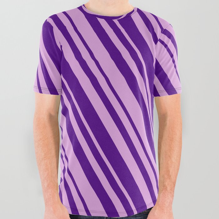 Plum and Indigo Colored Lines/Stripes Pattern All Over Graphic Tee