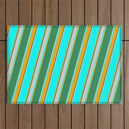 [ Thumbnail: Cyan, Orange, Sea Green, and Light Grey Colored Lined Pattern Outdoor Rug ]