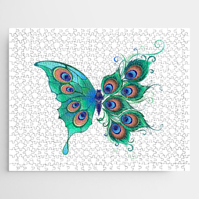 Butterfly with Green Peacock Feathers Jigsaw Puzzle