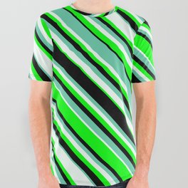 [ Thumbnail: Aquamarine, Mint Cream, Lime, and Black Colored Pattern of Stripes All Over Graphic Tee ]