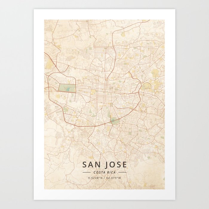San Jose, Costa Rica - Vintage Map Art Print