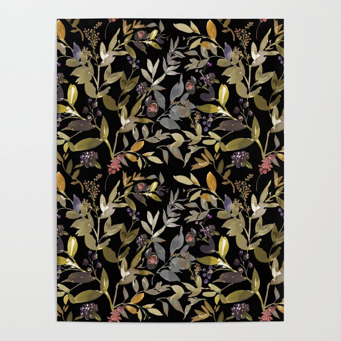 Watercolor Autumn Leaves Pattern On Black Background Poster