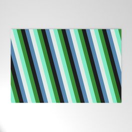 [ Thumbnail: Colorful Forest Green, Aquamarine, Mint Cream, Blue & Black Colored Stripes Pattern Welcome Mat ]