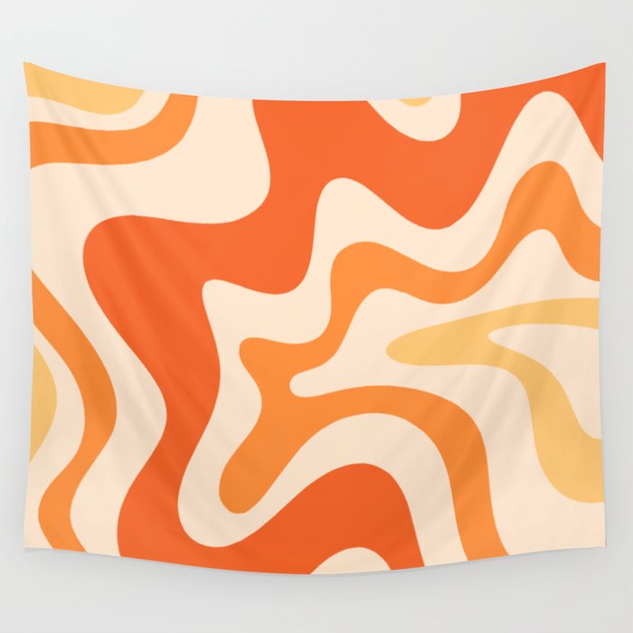 Retro Liquid Swirl Abstract Pattern Square Tangerine Orange Tones Wall Tapestry