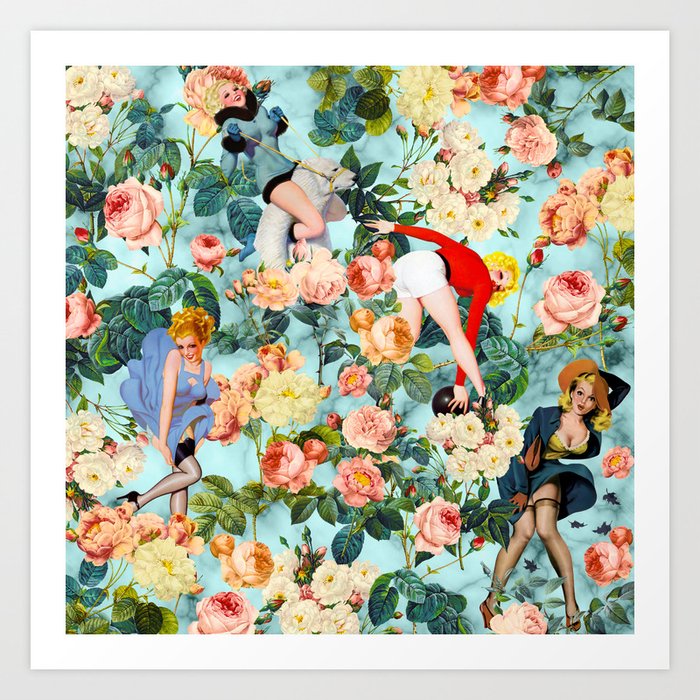 Floral and Pin Up Girls II Pattern Art Print