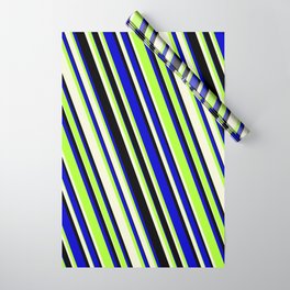 [ Thumbnail: Blue, Light Green, Beige & Black Colored Lines/Stripes Pattern Wrapping Paper ]