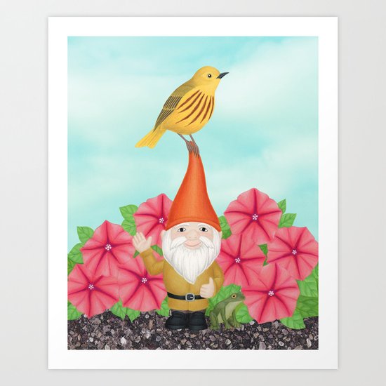 gnome with yellow warbler and petunias Art Print