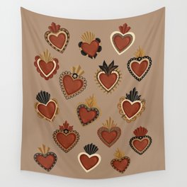 Vintage Mexican Sacred Hearts Pattern II by Akbaly Wall Tapestry