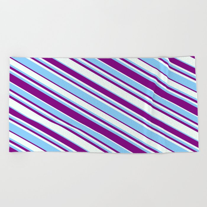 Purple, Mint Cream, and Light Sky Blue Colored Lined/Striped Pattern Beach Towel