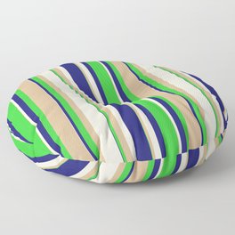 [ Thumbnail: Midnight Blue, Lime Green, Tan & Beige Colored Stripes/Lines Pattern Floor Pillow ]