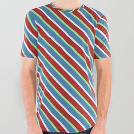 [ Thumbnail: Blue, Mint Cream, Red, and Green Colored Stripes/Lines Pattern All Over Graphic Tee ]