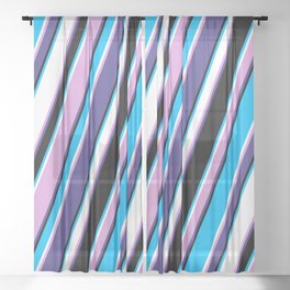 [ Thumbnail: Eye-catching Plum, Dark Slate Blue, Black, Deep Sky Blue & White Colored Lined/Striped Pattern Sheer Curtain ]