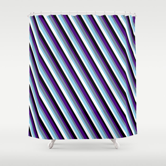 Eyecatching Indigo, Slate Gray, Sky Blue, White & Black Colored Stripes Pattern Shower Curtain