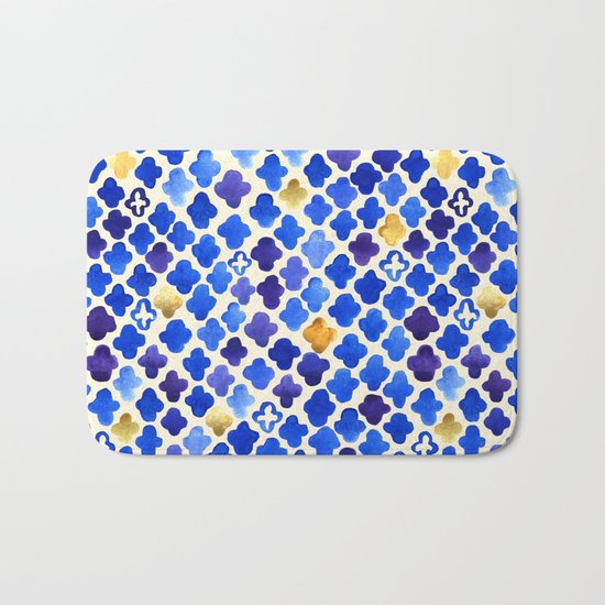 Rustic Watercolor Moroccan in Royal Blue & Gold Bath Mat