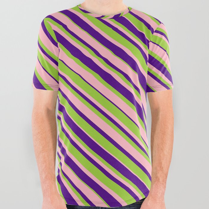 Green, Light Pink & Indigo Colored Striped Pattern All Over Graphic Tee