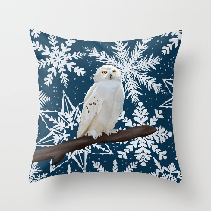 Snowy owl on Blue Snowflake Pattern Throw Pillow