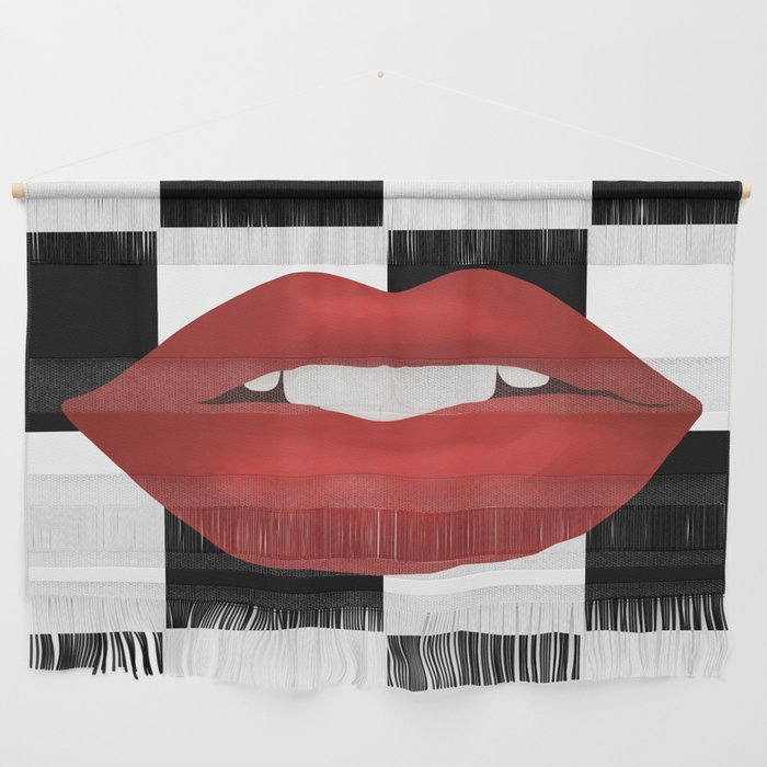 Red Lips on Black and White Checkerboard Pattern Wall Hanging