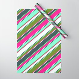 [ Thumbnail: Vibrant Deep Pink, Mint Cream, Dark Slate Gray, Aquamarine, and Green Colored Lines/Stripes Pattern Wrapping Paper ]