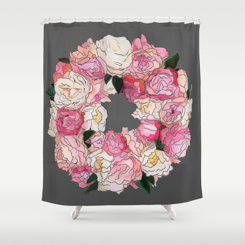 Peony Wreath Painting Dab Grey Feng Shui Shower Curtain By