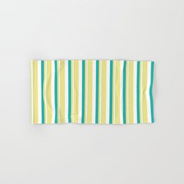 [ Thumbnail: Light Sea Green, White, and Tan Colored Stripes/Lines Pattern Hand & Bath Towel ]