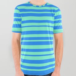 [ Thumbnail: Aquamarine and Blue Colored Pattern of Stripes All Over Graphic Tee ]