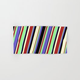 [ Thumbnail: Green, Slate Blue, Black, Light Yellow, and Red Colored Stripes Pattern Hand & Bath Towel ]