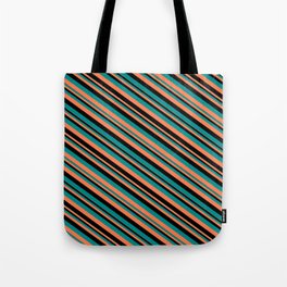 [ Thumbnail: Black, Dark Cyan & Coral Colored Striped Pattern Tote Bag ]