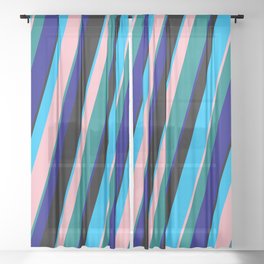 [ Thumbnail: Colorful Deep Sky Blue, Light Pink, Teal, Blue & Black Colored Lined Pattern Sheer Curtain ]
