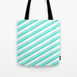 [ Thumbnail: Mint Cream and Turquoise Colored Lines Pattern Tote Bag ]