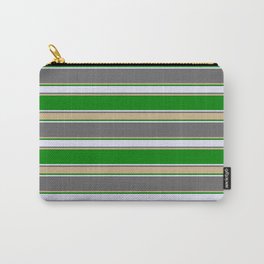 [ Thumbnail: Dim Gray, Tan, Green & Lavender Colored Pattern of Stripes Carry-All Pouch ]